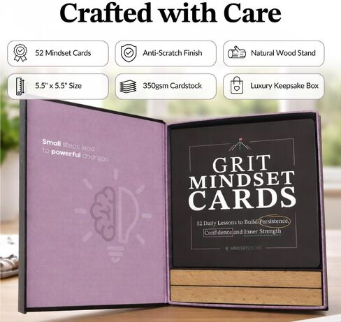 Grit Mindset Cards – 52 Daily Habits for Persistence, Resilience & Confidence – Motivational Mindset Cards for Kids, Teens & Adults – Includes Wooden Display Stand – Gift for Teachers & Coaches in Saudi Arabia