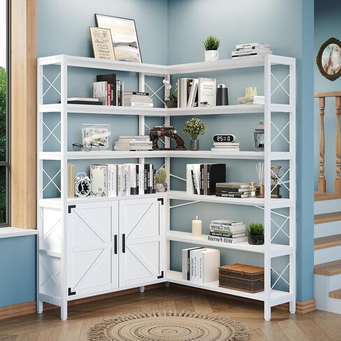 Wildhome 6-Shelf Corner Bookshelf, Vintage Industrial Corner Shelf Etagere Bookcase, Large Book Shelf with Metal Frame Open Storage Corner Cabinet (Brown-Lockers, Large) in Kuwait