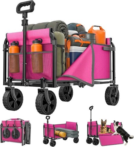 Portable Collapsible Wagon Cart, Foldable Cart with Removable Side, Utility Groceries Wagon for Dogs Cats Camping Beach Shopping Sports Gardeing Fishing, Pink in Saudi Arabia
