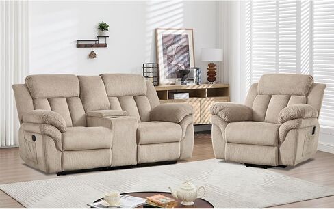 CANMOV Recliner Sofa Set, Manual Recliner Loveseat with Overstuffed Armrest for Living Room,Bedroom Furniture,Office,2 Seat Light Brown in Kuwait