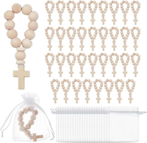 OLYCRAFT 36Pcs Wooden Rosary Beads with Cross Pendant 3.6 Inch Long Wooden Finger Rosary Bead with Cross Classic Mini Rosaries and Mesh Bags Natural Wood Beads for Guests Party Favors in Kuwait