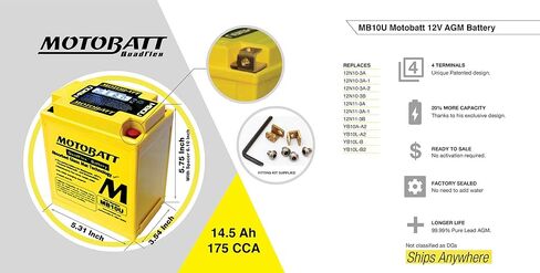 Motobatt MB10U (14.5AH, 175CCA) Replaces Yuasa YB10AA2, YB10LA2, YB10LB, YB10LB2, Factory activated AGM in Kuwait