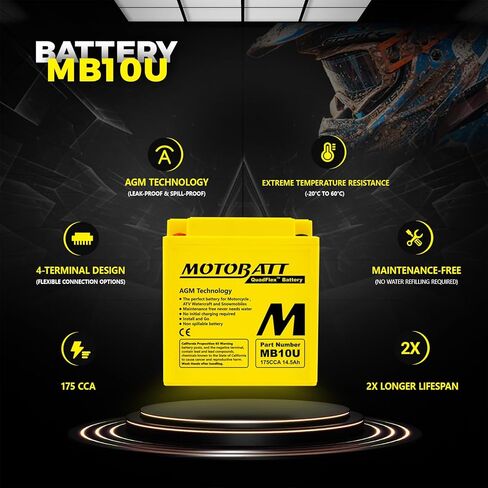 Motobatt MB10U (14.5AH, 175CCA) Replaces Yuasa YB10AA2, YB10LA2, YB10LB, YB10LB2, Factory activated AGM in Kuwait