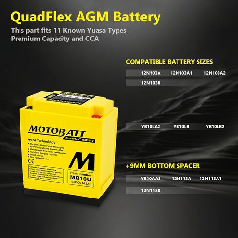 Motobatt MB10U (14.5AH, 175CCA) Replaces Yuasa YB10AA2, YB10LA2, YB10LB, YB10LB2, Factory activated AGM in Kuwait