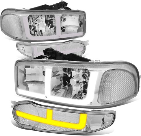 Auto Dynasty 4PCS LED DRL Headlights and Bumper Lamp Compatible with GMC Sierra Yukon XL 1500 Denali 01-07, Driver and Passenger Side, Black Housing Clear Corner in Kuwait