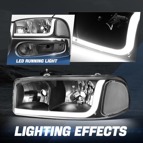 Auto Dynasty 4PCS LED DRL Headlights and Bumper Lamp Compatible with GMC Sierra Yukon XL 1500 Denali 01-07, Driver and Passenger Side, Black Housing Clear Corner in Kuwait