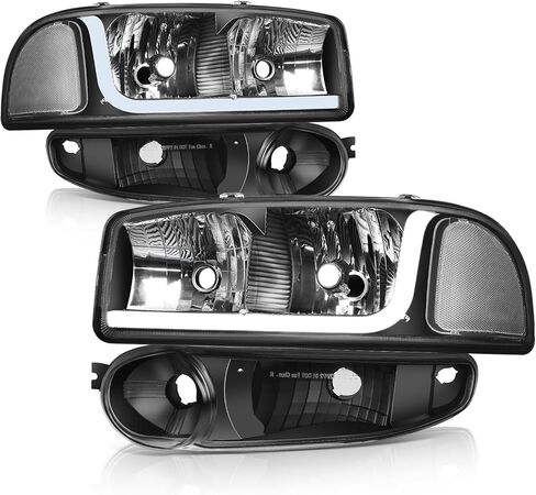 Auto Dynasty 4PCS LED DRL Headlights and Bumper Lamp Compatible with GMC Sierra Yukon XL 1500 Denali 01-07, Driver and Passenger Side, Black Housing Clear Corner in Kuwait
