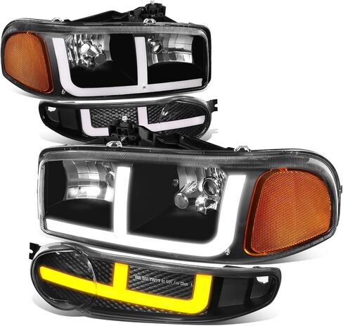 Auto Dynasty 4PCS LED DRL Headlights and Bumper Lamp Compatible with GMC Sierra Yukon XL 1500 Denali 01-07, Driver and Passenger Side, Black Housing Clear Corner in Kuwait