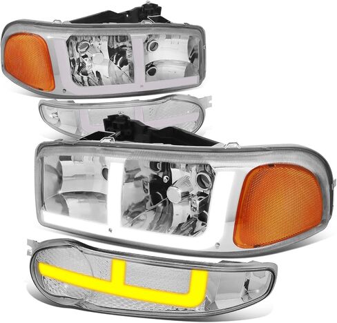 Auto Dynasty 4PCS LED DRL Headlights and Bumper Lamp Compatible with GMC Sierra Yukon XL 1500 Denali 01-07, Driver and Passenger Side, Black Housing Clear Corner in Kuwait