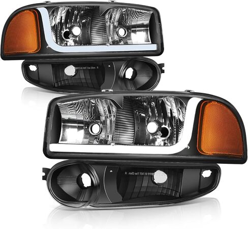 Auto Dynasty 4PCS LED DRL Headlights and Bumper Lamp Compatible with GMC Sierra Yukon XL 1500 Denali 01-07, Driver and Passenger Side, Black Housing Clear Corner in Kuwait