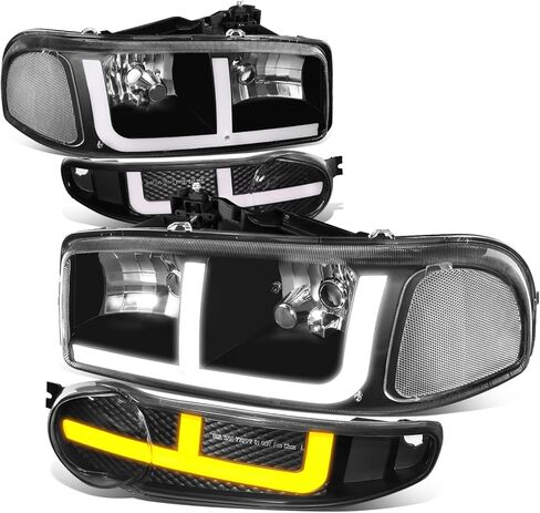 Auto Dynasty 4PCS LED DRL Headlights and Bumper Lamp Compatible with GMC Sierra Yukon XL 1500 Denali 01-07, Driver and Passenger Side, Black Housing Clear Corner in Kuwait