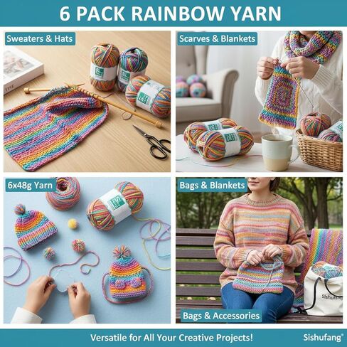 6pcs 6x48g Color, 3-Ply Worsted Rainbow Yarn, Assorted Colors, for Hand Knitting Crochet Sweaters, Hats, Scarves, Blankets, Bags, DIY Craft Yarn in Kuwait