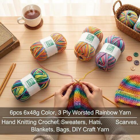 6pcs 6x48g Color, 3-Ply Worsted Rainbow Yarn, Assorted Colors, for Hand Knitting Crochet Sweaters, Hats, Scarves, Blankets, Bags, DIY Craft Yarn in Kuwait