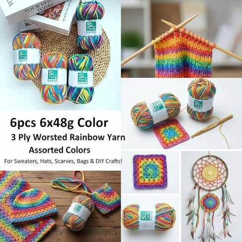 6pcs 6x48g Color, 3-Ply Worsted Rainbow Yarn, Assorted Colors, for Hand Knitting Crochet Sweaters, Hats, Scarves, Blankets, Bags, DIY Craft Yarn in Kuwait