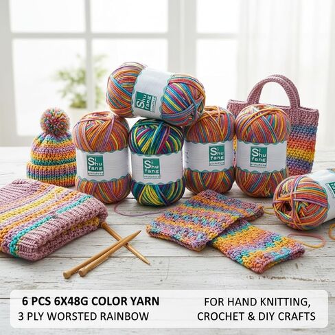 6pcs 6x48g Color, 3-Ply Worsted Rainbow Yarn, Assorted Colors, for Hand Knitting Crochet Sweaters, Hats, Scarves, Blankets, Bags, DIY Craft Yarn in Kuwait