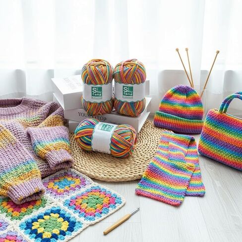 6pcs 6x48g Color, 3-Ply Worsted Rainbow Yarn, Assorted Colors, for Hand Knitting Crochet Sweaters, Hats, Scarves, Blankets, Bags, DIY Craft Yarn in Kuwait