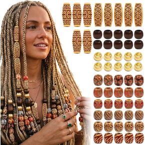 60PCS Wood Hair Beads for Braids Large Hole Dreadlock Jewelry Accessories, Vintage African Style Loc Beads for Hair, Painted Wooden Tube Beads for Women Men Hair Decoration Crafts in Saudi Arabia