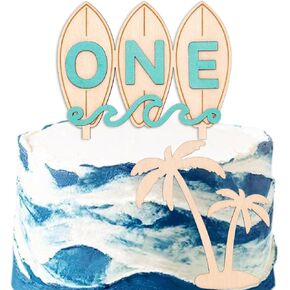 Wooden Surfboard ONE Cake Topper - The Big One Party Cake Topper, Beach Wave Theme 1st Birthday Party Decoration (surf one topper) in Saudi Arabia