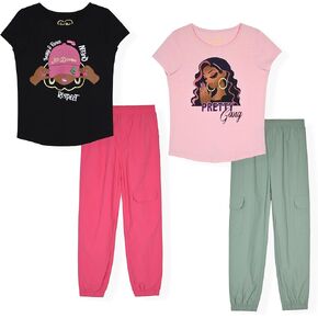 Girls 4 Pack Jogger Pants Set, Glitter and Foil Graphic Sweatpants, Soft Fleece Lounge Pants in Saudi Arabia
