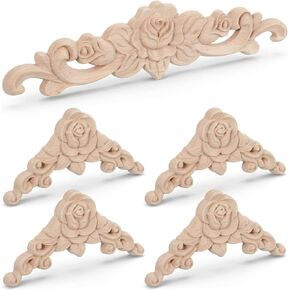 5Pcs Wood Appliques Onlays Decorative, DIY Handmade Carved Unpainted Corner Decoration, Wood Rose Appliques Onlays for Bed Door Wall Cabinet Wardrobe Furniture Mirror Fireplace Mantels Decor in Saudi Arabia
