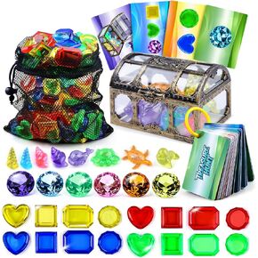 Diving Toys for Kids, 109 Underwater Treasure Hunt Pool Toys with Storage Bag, 60 Sinking Gems, 8 Sea Animals, 1 Pirate Treasure Chest, 38 Waterproof Cards, Fun Search & Find Water Game Pool Dive Toy in Saudi Arabia
