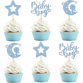 12 PCS Baby Boy Cupcake Topper, Blue with Moon and Stars Cupcake Decoration for Boy Birthday Party Gender Reveal Parties Baby Shower Cupcake Decor in Saudi Arabia