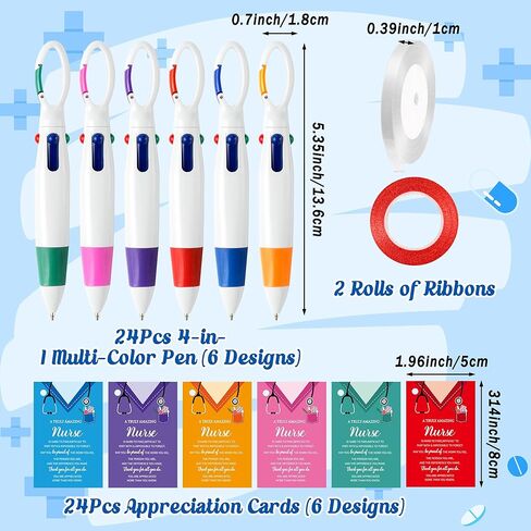 Haooryx Nurse Badge Pen Bulk - 24Pack Nurse Appreciation Gift Set 4-in-1 Color Retractable Ballpoint Pen with Greeting Card Nursing Week Gift Tag for Graduation Student Medical Hospital Exchange Favor in Kuwait