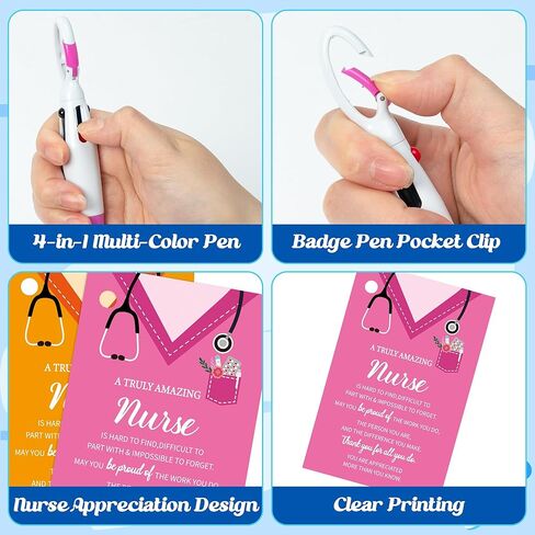 Haooryx Nurse Badge Pen Bulk - 24Pack Nurse Appreciation Gift Set 4-in-1 Color Retractable Ballpoint Pen with Greeting Card Nursing Week Gift Tag for Graduation Student Medical Hospital Exchange Favor in Kuwait