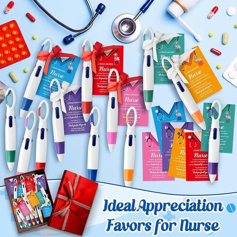 Haooryx Nurse Badge Pen Bulk - 24Pack Nurse Appreciation Gift Set 4-in-1 Color Retractable Ballpoint Pen with Greeting Card Nursing Week Gift Tag for Graduation Student Medical Hospital Exchange Favor in Kuwait