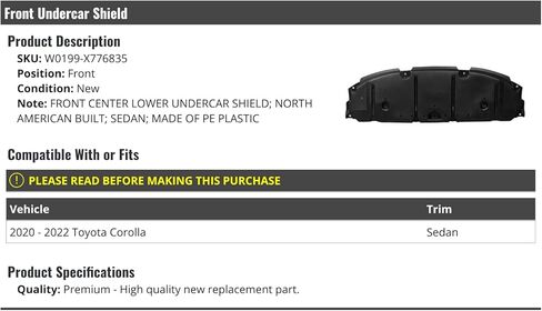 Front Center Lower Undercar Engine Shield Cover - Compatible with 2020-2022 Toyota Corolla Sedan (North American Built) in Kuwait