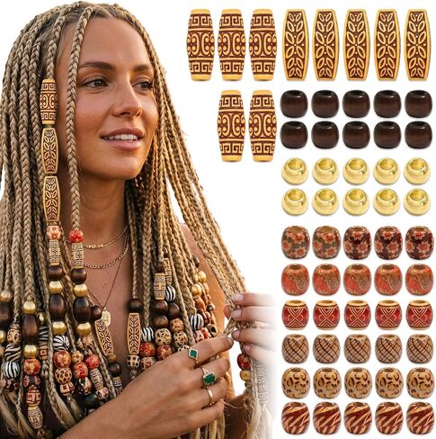 60PCS Wood Hair Beads for Braids Large Hole Dreadlock Jewelry Accessories, Vintage African Style Loc Beads for Hair, Painted Wooden Tube Beads for Women Men Hair Decoration Crafts in Saudi Arabia