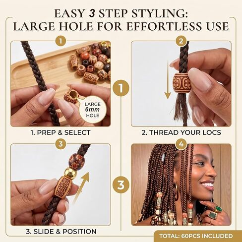 60PCS Wood Hair Beads for Braids Large Hole Dreadlock Jewelry Accessories, Vintage African Style Loc Beads for Hair, Painted Wooden Tube Beads for Women Men Hair Decoration Crafts in Saudi Arabia