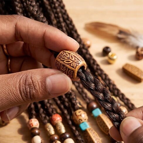 60PCS Wood Hair Beads for Braids Large Hole Dreadlock Jewelry Accessories, Vintage African Style Loc Beads for Hair, Painted Wooden Tube Beads for Women Men Hair Decoration Crafts in Saudi Arabia