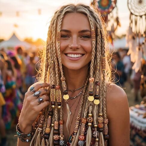 60PCS Wood Hair Beads for Braids Large Hole Dreadlock Jewelry Accessories, Vintage African Style Loc Beads for Hair, Painted Wooden Tube Beads for Women Men Hair Decoration Crafts in Saudi Arabia