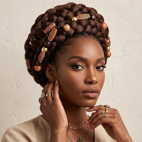 60PCS Wood Hair Beads for Braids Large Hole Dreadlock Jewelry Accessories, Vintage African Style Loc Beads for Hair, Painted Wooden Tube Beads for Women Men Hair Decoration Crafts in Saudi Arabia
