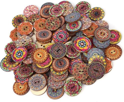 100Pcs Mixed Pattern Vintage Wood Buttons, DIY Sewing Craft Decorative Buttons with 2 Holes, for Clothing Jackets Backpacks Hats Shoes in Kuwait