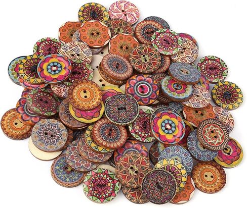 100Pcs Mixed Pattern Vintage Wood Buttons, DIY Sewing Craft Decorative Buttons with 2 Holes, for Clothing Jackets Backpacks Hats Shoes in Kuwait