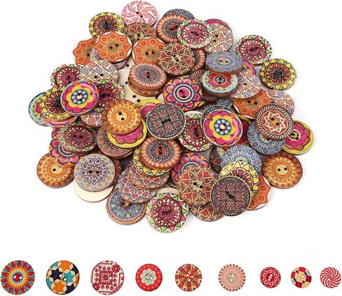 100Pcs Mixed Pattern Vintage Wood Buttons, DIY Sewing Craft Decorative Buttons with 2 Holes, for Clothing Jackets Backpacks Hats Shoes in Kuwait