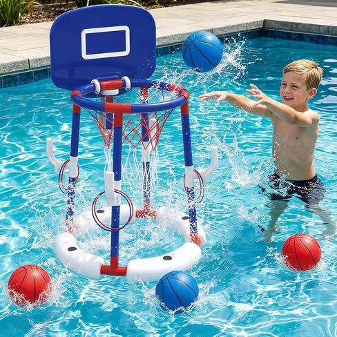 Love&Mini Floating Pool Basketball Hoop - 2-in-1 Basketball & Ring Toss Game, Anti-Tip Weighted Base, 4 Balls & Pump, Outdoor Pool Toys & Pool Basketball Games for Kids Ages 4-8 & Pool Party (Blue) in Saudi Arabia