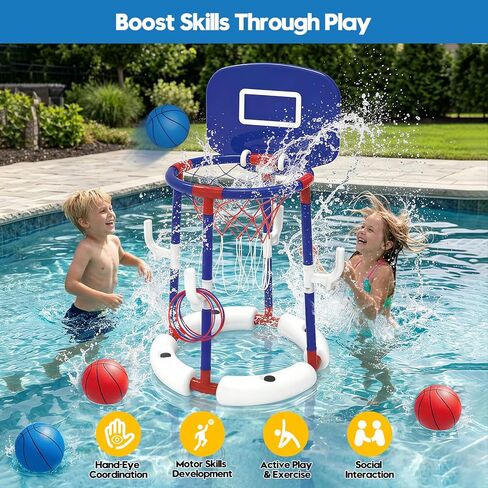 Love&Mini Floating Pool Basketball Hoop - 2-in-1 Basketball & Ring Toss Game, Anti-Tip Weighted Base, 4 Balls & Pump, Outdoor Pool Toys & Pool Basketball Games for Kids Ages 4-8 & Pool Party (Blue) in Saudi Arabia