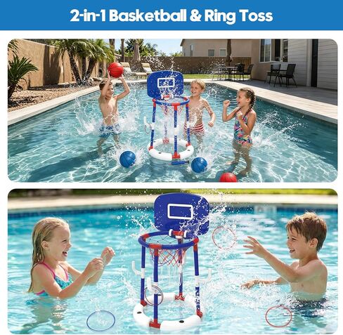 Love&Mini Floating Pool Basketball Hoop - 2-in-1 Basketball & Ring Toss Game, Anti-Tip Weighted Base, 4 Balls & Pump, Outdoor Pool Toys & Pool Basketball Games for Kids Ages 4-8 & Pool Party (Blue) in Saudi Arabia
