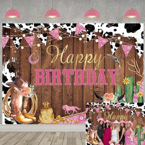 Western Cowgirl Happy Birthday Backdrop Cow Print Pink Wild Party Decorations Banner Rustic West Rodeo Boot Cowgirl Birthday Photography Background Party Supplies Banner 7X5FT(82x59inch) in Kuwait
