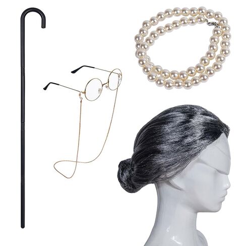 Vonokee Old Lady Costume Set 6Pcs-Grandmother Wig,Wig Caps, Madea Granny Glasses, Eyeglass Retainer Chain,Pearl Necklace and Grandma Cane in Saudi Arabia