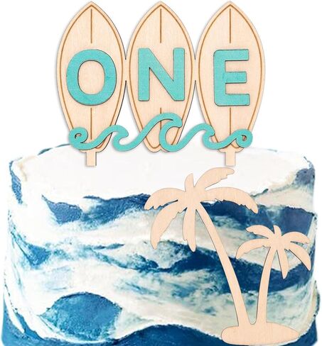Wooden Surfboard ONE Cake Topper - The Big One Party Cake Topper, Beach Wave Theme 1st Birthday Party Decoration (surf one topper) in Saudi Arabia