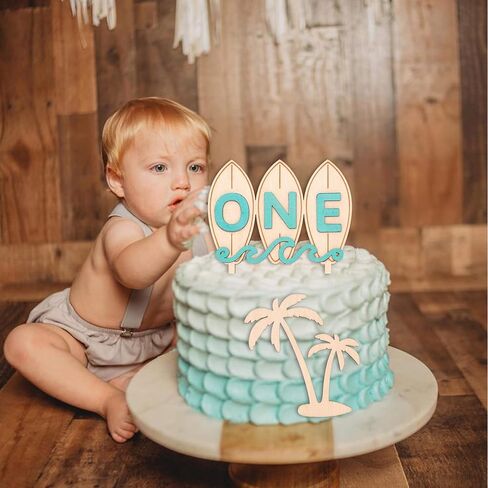 Wooden Surfboard ONE Cake Topper - The Big One Party Cake Topper, Beach Wave Theme 1st Birthday Party Decoration (surf one topper) in Saudi Arabia