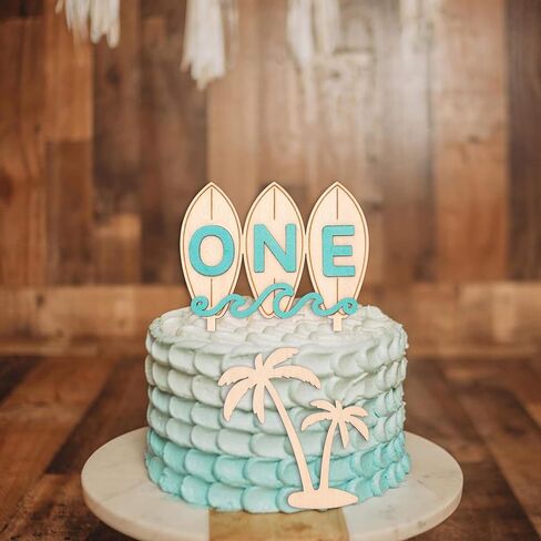 Wooden Surfboard ONE Cake Topper - The Big One Party Cake Topper, Beach Wave Theme 1st Birthday Party Decoration (surf one topper) in Saudi Arabia