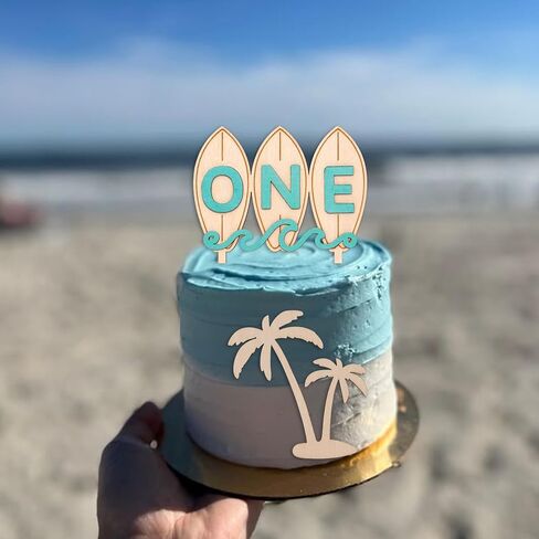 Wooden Surfboard ONE Cake Topper - The Big One Party Cake Topper, Beach Wave Theme 1st Birthday Party Decoration (surf one topper) in Saudi Arabia