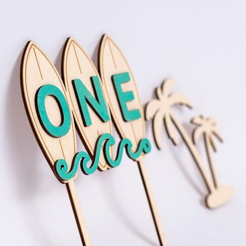 Wooden Surfboard ONE Cake Topper - The Big One Party Cake Topper, Beach Wave Theme 1st Birthday Party Decoration (surf one topper) in Saudi Arabia