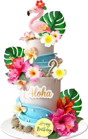 Flamingo Cake Topper Summer Cake Decorations with Artificial Flowers Palm Leaves for Hawaii Beach Supplies in Kuwait