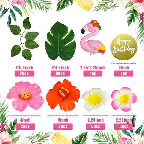 Flamingo Cake Topper Summer Cake Decorations with Artificial Flowers Palm Leaves for Hawaii Beach Supplies in Kuwait